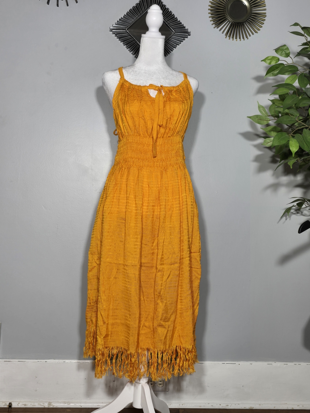 Smocked Maxi Sundress with Fringe Hem in Mustard Yellow